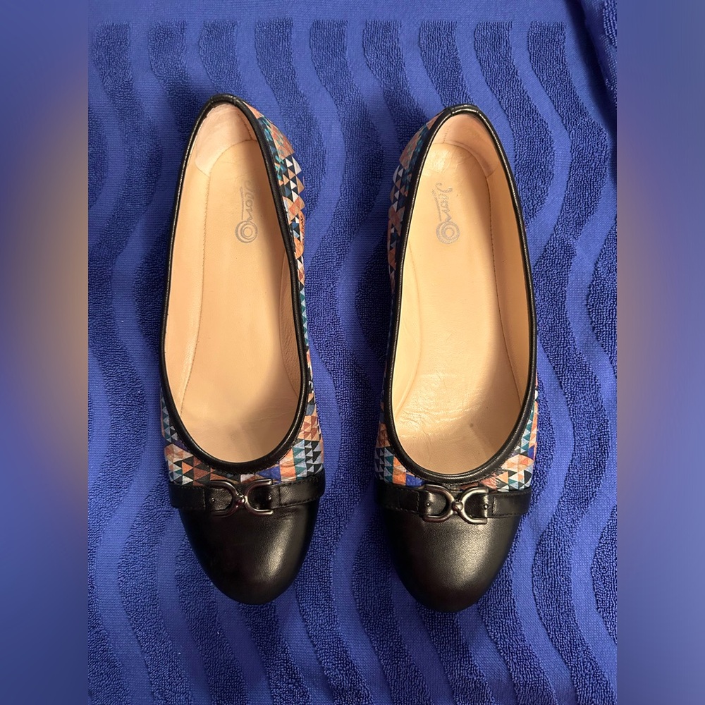 Jeon,size 9 1/2, Artsy flat,black toe cap with multi color Gustav Klimt artwork
